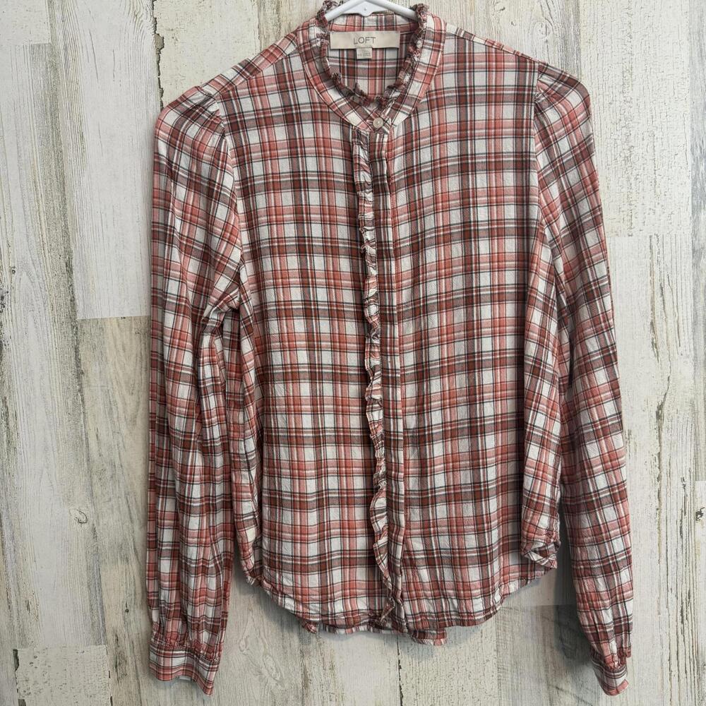 LOFT Women's XS Long Sleeve Casual Plaid Ruffle Blouse Top